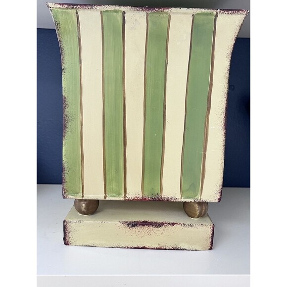 Vtg Hand Painted Green Yellow Striped Metal Toleware Planter Cache Pot Floral - Picture 2 of 6